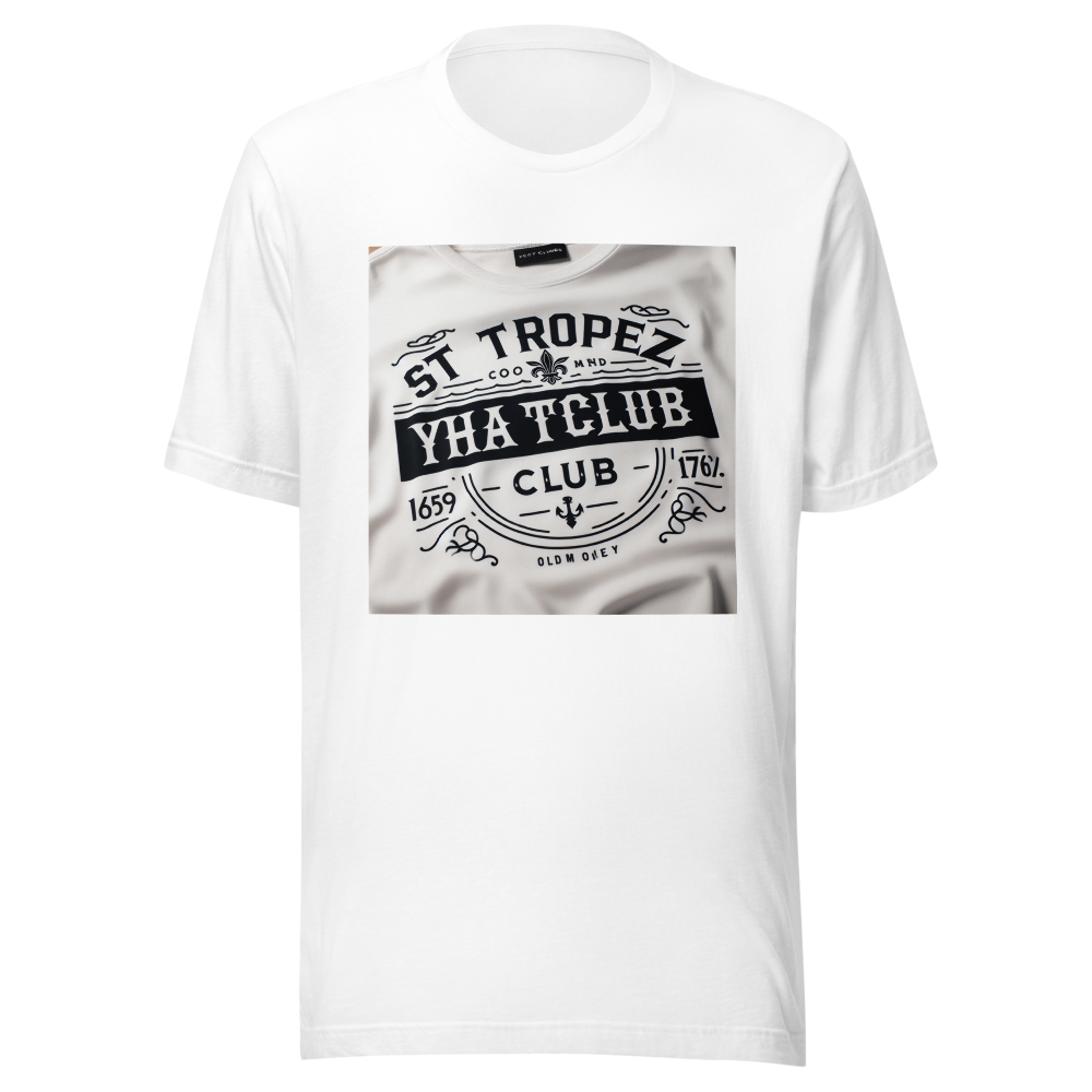 A white t shirt with an old money style graphic with a cool elegant classy font , maybe says like st tropez yacht club on the top right