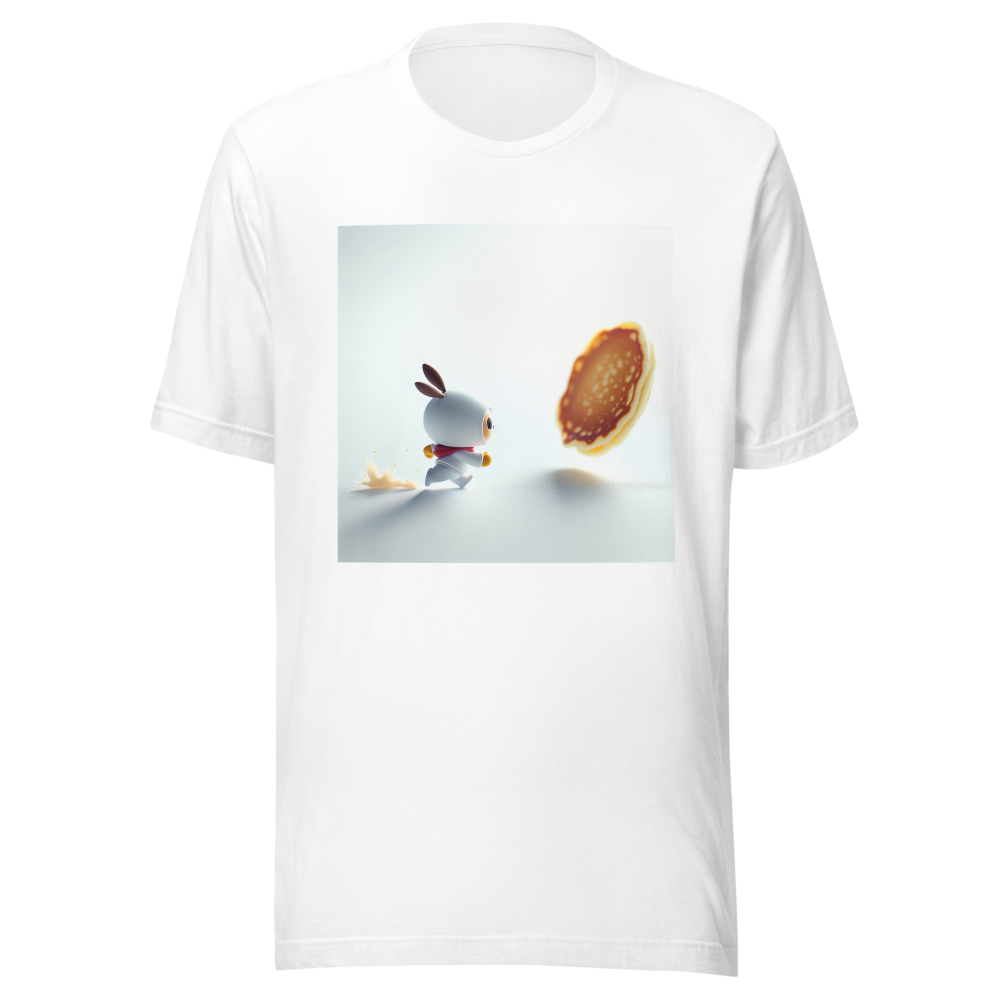 mini peka chasing a pancake white backround, that blends with t shirt