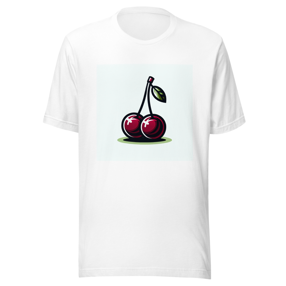 Dark red cherries illustration, two cherries with a stem, isolated subject, no background, clean vector style, bold outline, centered design, T-shirt graphic