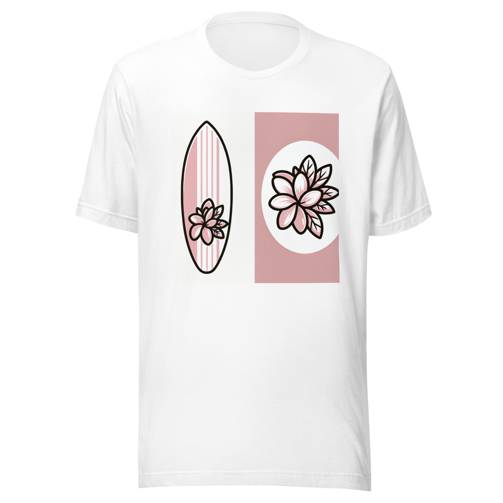 Light pink surfboard with a single Hawaiian plumeria flower on it, isolated subject, no background white, clean vector style, smooth outlines, centered design, T-shirt graphic