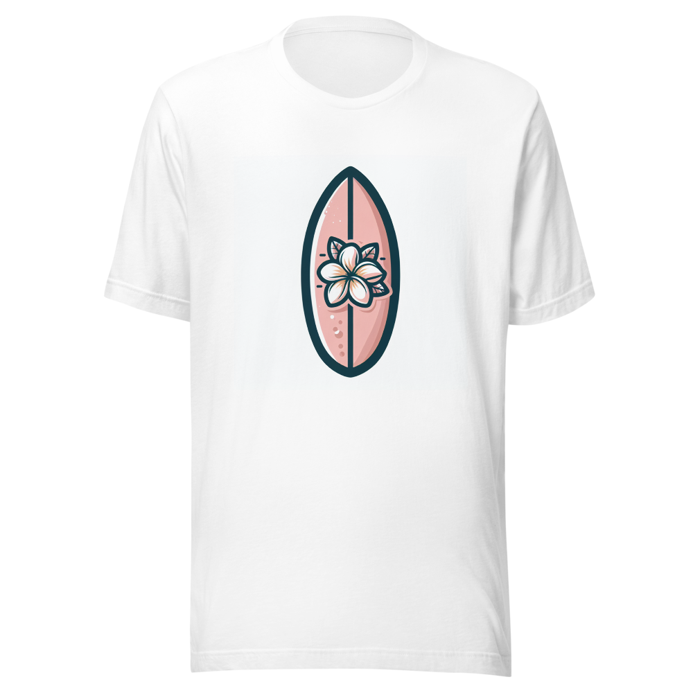 Light pink surfboard with a single Hawaiian plumeria flower on it, no background white, clean vector style, smooth outlines, centered design, T-shirt graphic