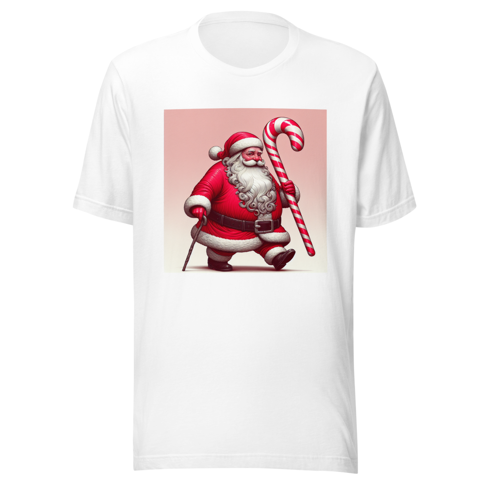 Very old santa claus walking with a cane but its a candy cane